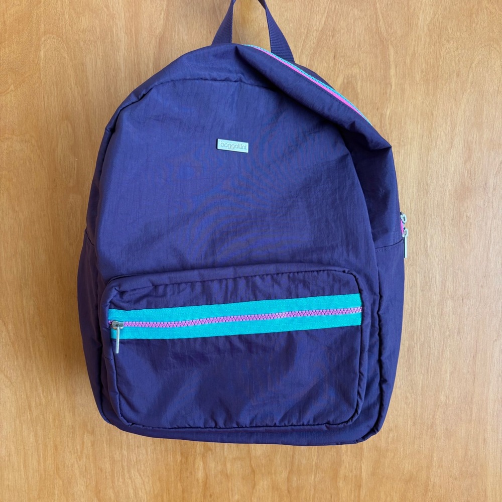 Baggallini Purple Nylon Backpack Teal Pink Zipper Accents Lightweight Travel Bag